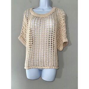 Miou Muse Crochet‎ Knit Top Womens Large Oversized Beige Bohemian Summer